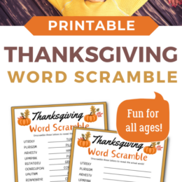 top half shows a young girl lying on a wooden floor with fall colored leaves scattered and bottom half shows two digital images of Thanksgiving Word Scrambles and answers