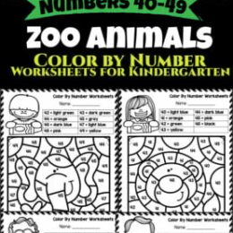 six zoo animal themed color by number pages for 40-49
