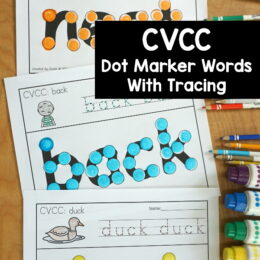 three spread out printed dot marker pages for CVCC words