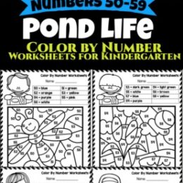 six sample digital color by number worksheets for number 50-59 with a pond life theme