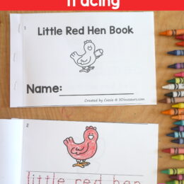 two printable Little Red Hen early reader booklets - one showing the cover and one opened to a page inside