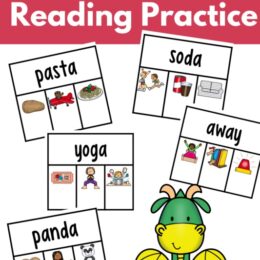 five digital images of schwa clip cards for reading practice with a clipart dragon in the corner