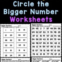 six digital images of practice pages for circling the bigger number