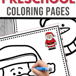 digital page images with a young child's hand holding a marker ready to color