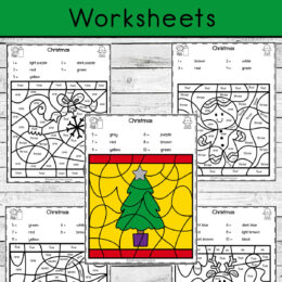 five Christmas color by word activity pages (digital) in black and white, center one is colored to show final result