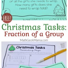 images showing printed pages of Christmas fractions and divisions task cards and questions