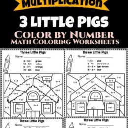 six digital images of a Three Little Pigs multiplication color-by-number pages