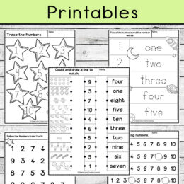 five digital page images of counting 1 to 10 worksheets