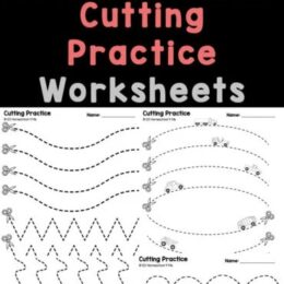 six digital images of cutting practice worksheets