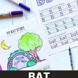 two printed bat themed handwriting worksheets spread out on a table