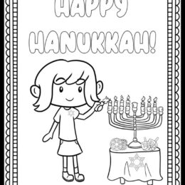 coloring page with hand drawn girl lighting a menorah