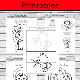 five digital page images of letter Q scissor skills worksheets