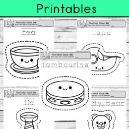 five digital page images with letter T words outlined with dashed lines for cutting practice