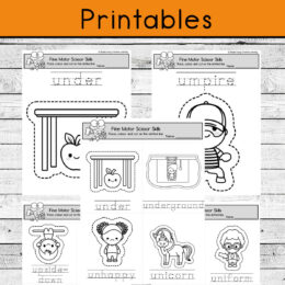 five digital pages showing letter U scissor and tracing skills activities