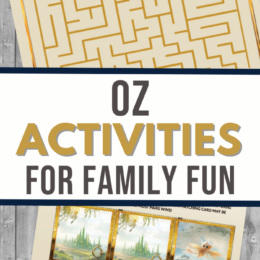 two digital page images with a Wizsrd of Oz theme, top one is a maze, bottom shows movie scene matching cards