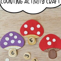printed out mushroom craft activity with "dots" on the toadstool for counting and matching numbers