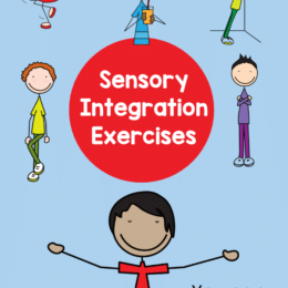 blue background image with clipart kids doing some sensory integrated exercises