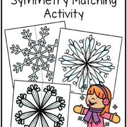 white background with clipart girl catching snowflakes with her mouth and three digital page images of symmetrical snowflakes