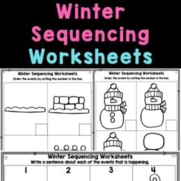 six sample digital pages of winter themed sequencing worksheets