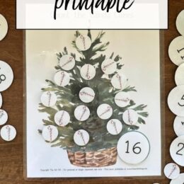printed page of clipart Christmas tree with paper candy canes and a number in the corner for how many are on the tree