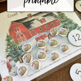 snowy scene with a red barn and hay bales velcro'd on with the number 12 in the corner