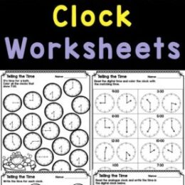 six digital page images of time telling practice pages for analog and digital time