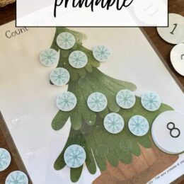 evergreen tree with snowflakes scattered and large round number showing the count