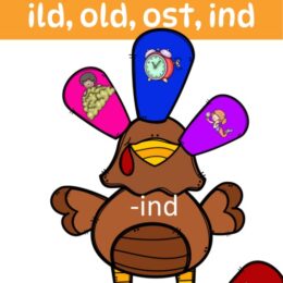 clipart image of turkey with colorful feathers showing images with the dlued endings that match the belly of the turkey