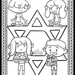 coloring page of hand drawn kids "playing" on large star of David