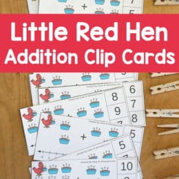 printed addition clip cards spread out on a table top