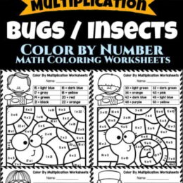 six digital page images of bug and insect themed multiplication color by number worksheets