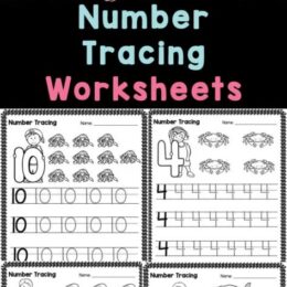 six digital images of counting and tracing practice pages for numbers 1-10