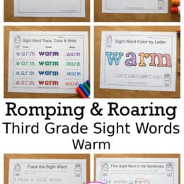 six images of printed pages from the sight word pack for "warm"