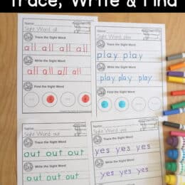 four printed sight word writing and tracing pages
