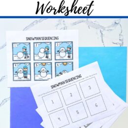 fanned out printed pages of the snowman sequencing worksheets