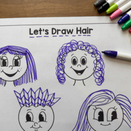 printed page with different "hair" drawn on fun faces