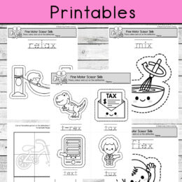 five digital images of letter X scissor skills printables