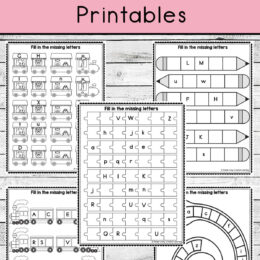 five digital page images of missing alphabet letter printables