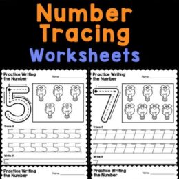 six digital page images of number tracing worksheets