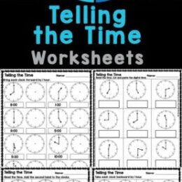 six digital images of telling the time practice pages