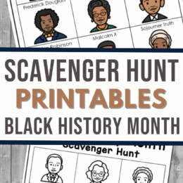 two digital page images - one color, one black and white, of black history month scavenger hunt activity