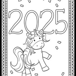 single coloring page images showing a prancing unicorn with 2025 behind it