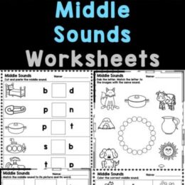 six digital page images of middle sounds worksheets