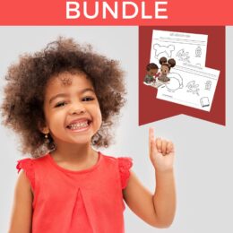 young curly haired girl pointing to digital page images of All About Me coloring pages