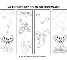 four black and white insect themed valentine's day coloring bookmark