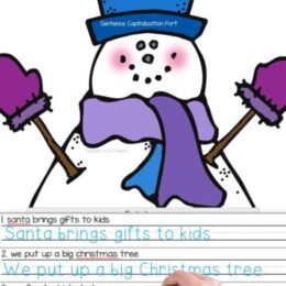 snowman clipart image with child's hand writing sentences using corrected capitlization