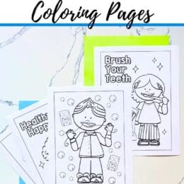 three printed dental hygiene coloring pages spread out