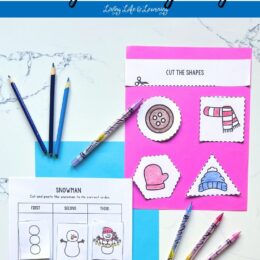 printed pages of snowman shape activities with colored pencils spread out