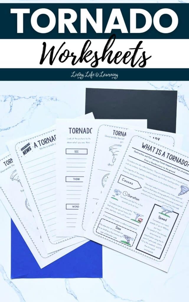 fanned out printed pages from the Tornado worksheets set