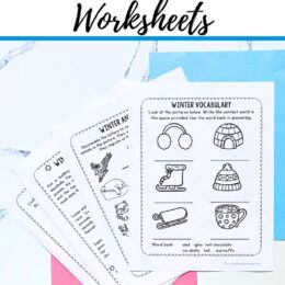 winter season printed pages fanned out on top of a countertop with two colored pages pink and blue